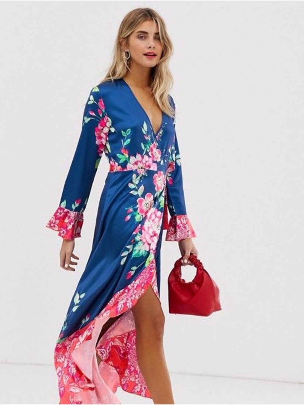 Floral Satin Wrap Dress in Navy and Pink form ASOS